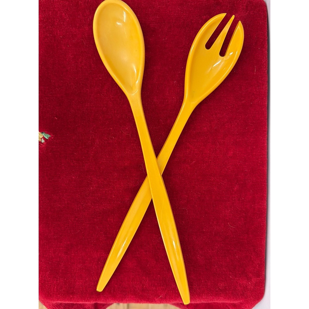 Vtg Mustard Yellow Melamine Salad Servers MCM Retro Kitchen Serving Set 11.5"